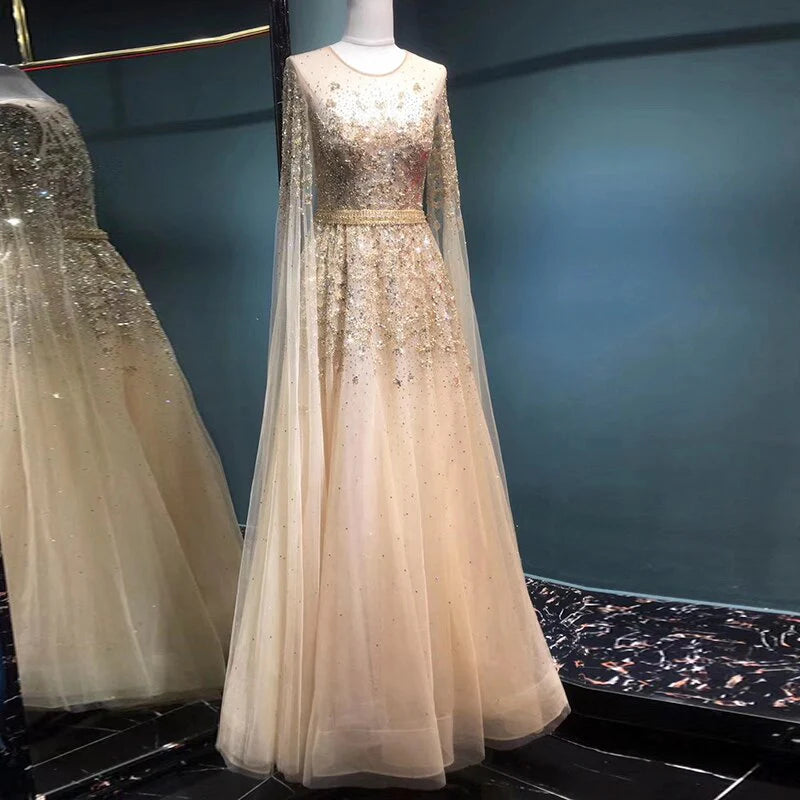 Luxury Crystal Gold Evening Dress with Cape Sleeve