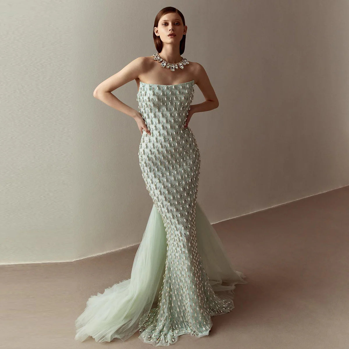 Luxury Crystal & Pearl Sage Green Evening Dress with Cape