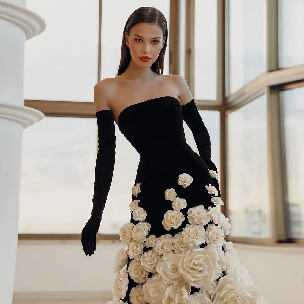 3D Floral Black Velvet Strapless Evening Gown with Gloves