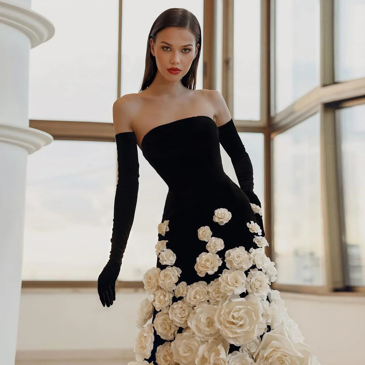 3D Floral Black Velvet Strapless Evening Gown with Gloves