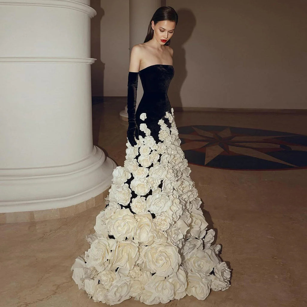 3D Floral Black Velvet Strapless Evening Gown with Gloves