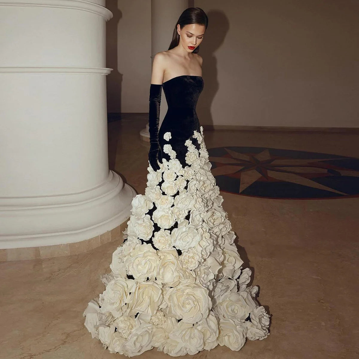 3D Floral Black Velvet Strapless Evening Gown with Gloves