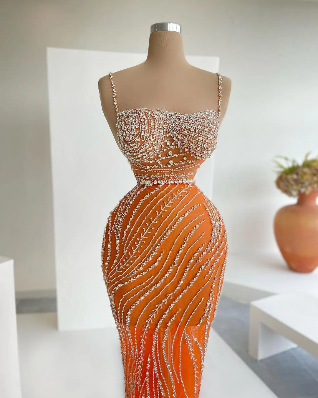 Luxury Orange Crystal Spaghetti Cocktail Party Dress